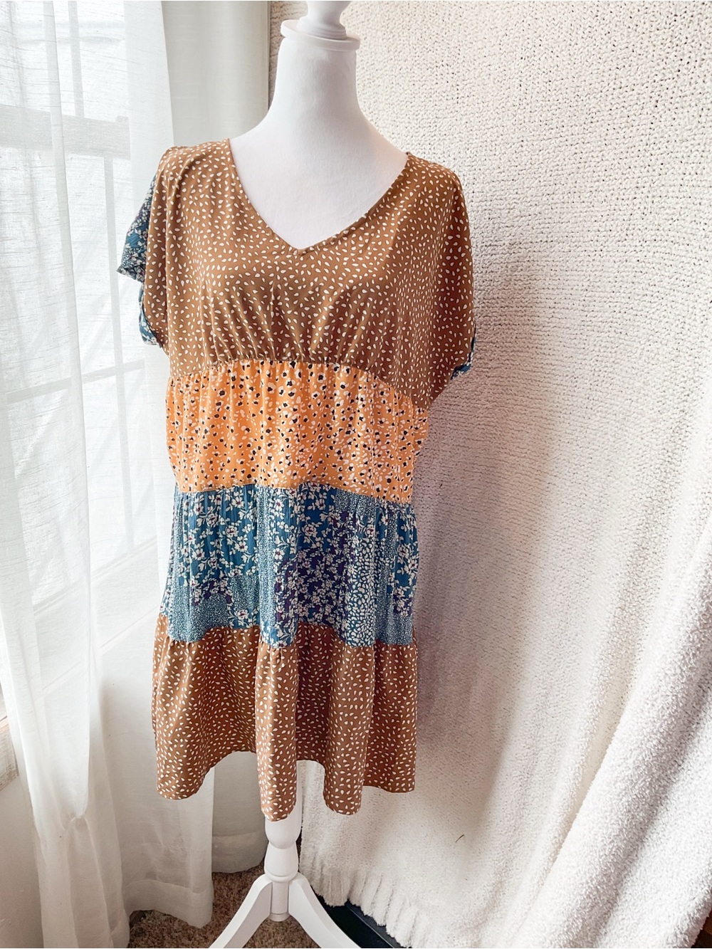 Kori Patchwork V-Neck Short Sleeve Tunic - Brown, Orange & Blue